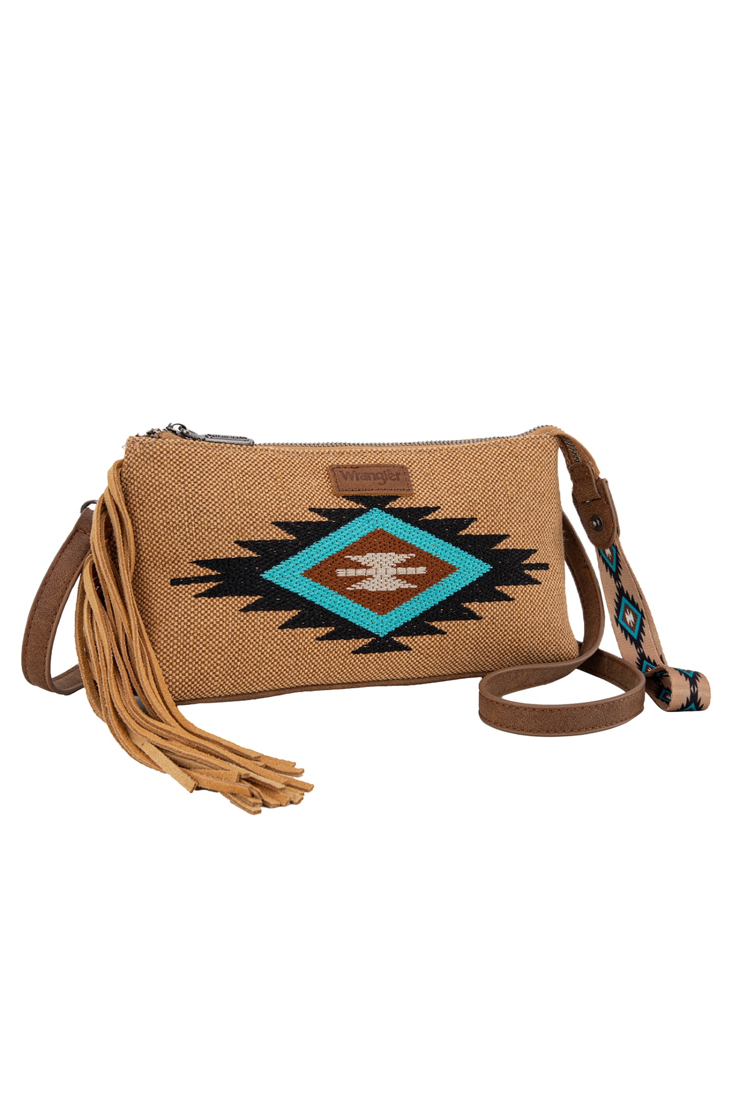 EMBROIDERED AZTEC FRINGE WRIST BAG